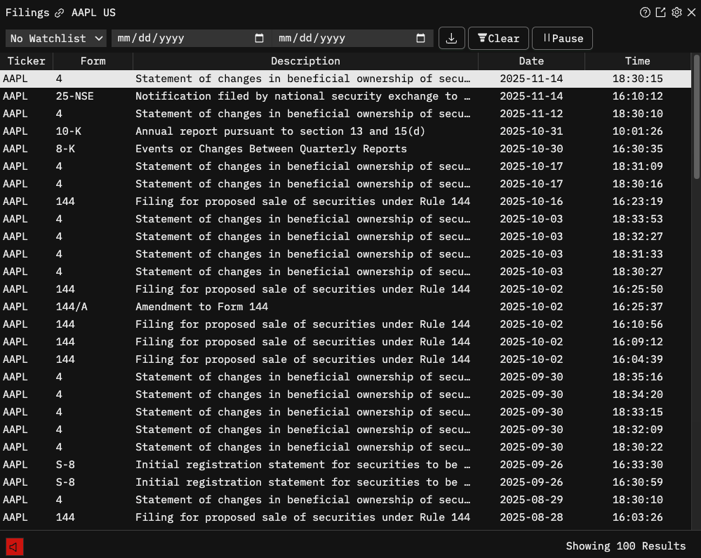 Godel Terminal filings viewer showing 10-Q, 10-K, 8-K filings for AAPL with dates and descriptions